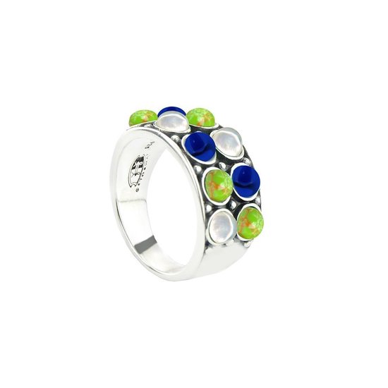 Symbols 9SY 0065 50 Zilveren Ring - Maat 50 - Turkoois - Lapis Lazuli - Parel - Blauw - Groen - Wit - Geoxideerd