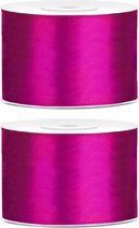 2x Hobby/decoratie donker fuchsia roze satijnen sierlinten 5 cm/50 mm x 25 meter - Cadeaulint satijnlint/ribbon - Donker fuchsia linten - Hobbymateriaal benodigdheden - Verpakkingsmaterialen