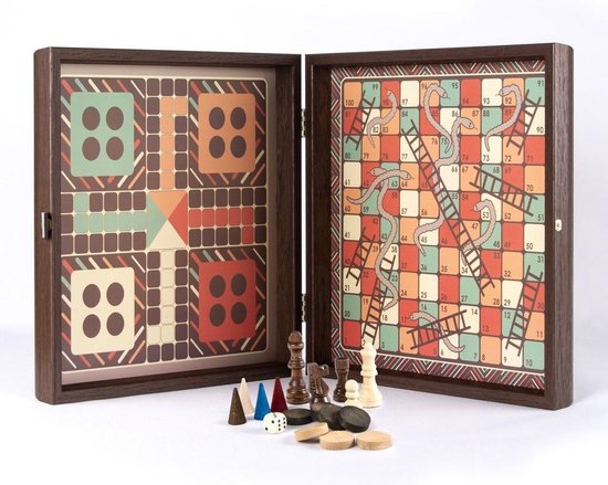 Thumbnail van een extra afbeelding van het spel Vintage Style - 4-in-1 combo backgammon-schaak-dam-ludo-snakes  Top Kwaliteit
