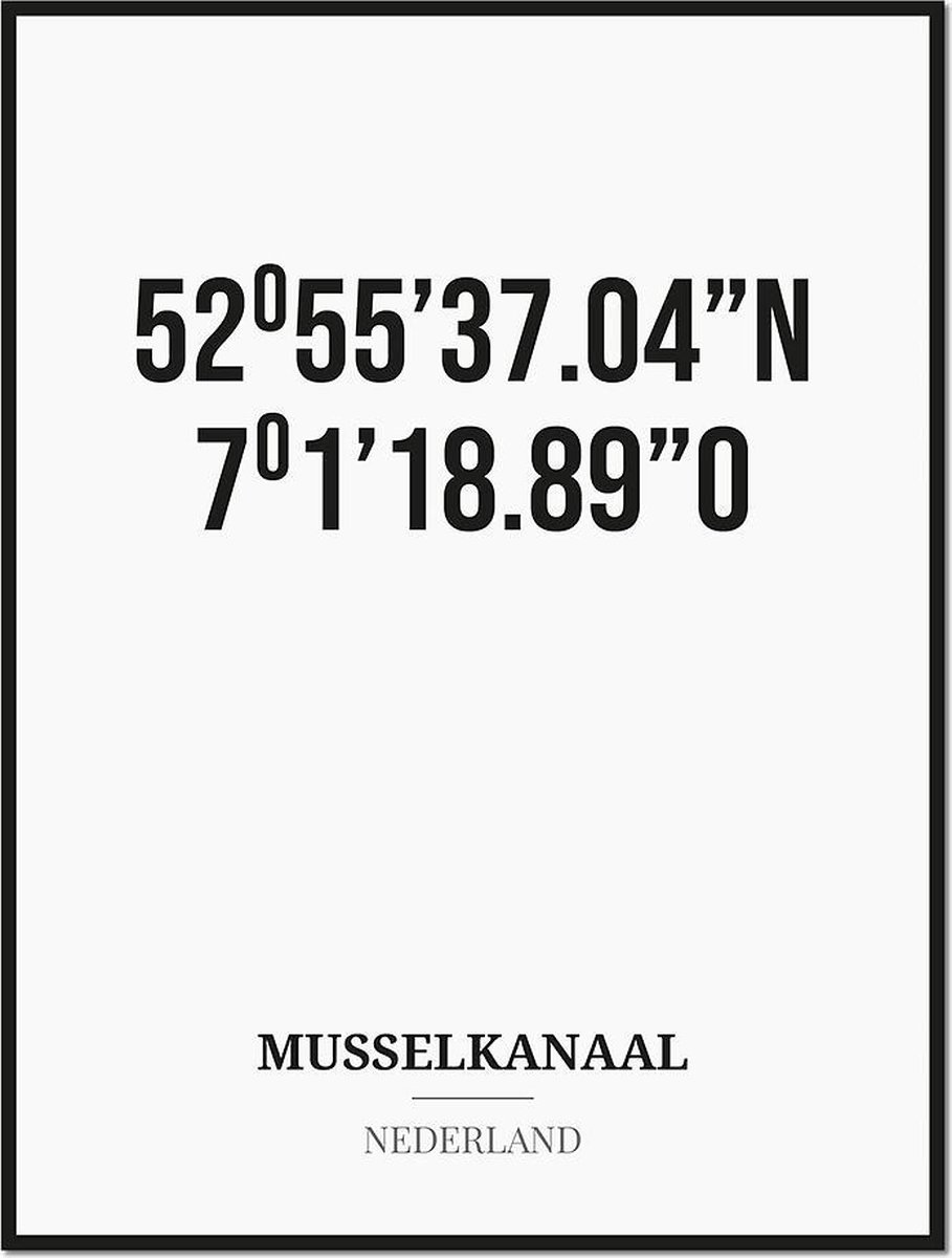 Studio216 Poster/kaart MUSSELKANAAL met coördinaten zwart, wit