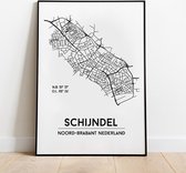 Schijndel city poster, A3 (30x40 cm) met lijst, plattegrond poster, woonplaatsposter, woonposter