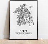 Delft city poster, A3 zonder lijst, plattegrond poster, woonplaatsposter, woonposter