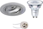 LED Spot Set - Pragmi Alpin Pro - GU10 Fitting - Inbouw Rond - Mat Zilver - Kantelbaar Ø92mm - Philips - CorePro 830 36D - 3.5W - Warm Wit 3000K - BES LED