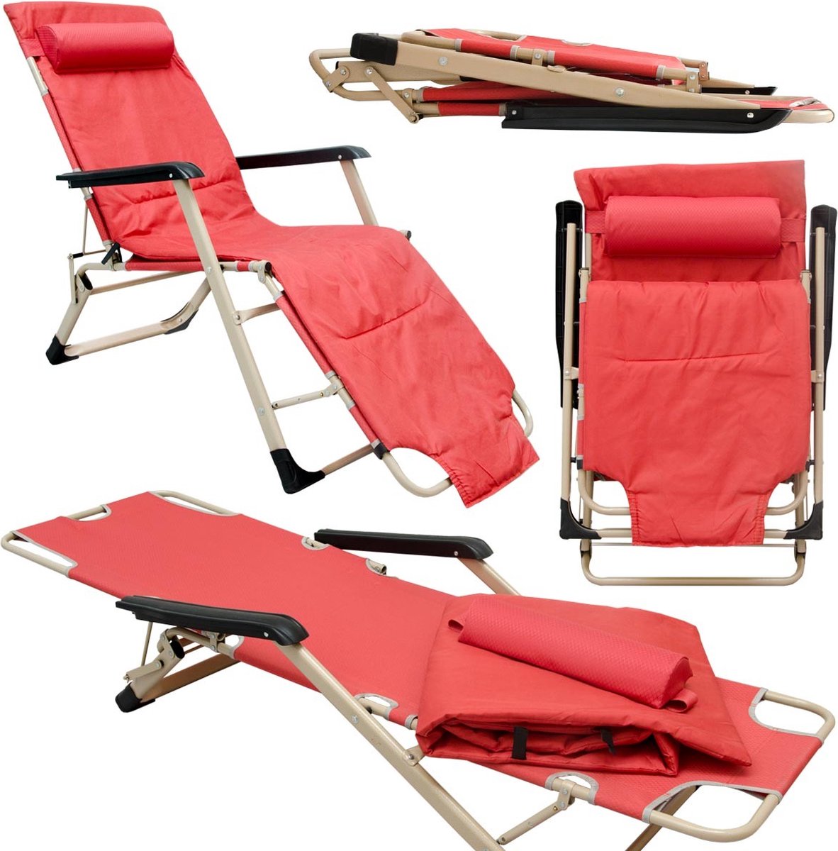 Ligstoel met Bekleding en Kussen - 178cm Opklapbare Tuinstoel Camping Lounger Zonnebed Rood