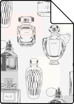 Proefstaal ESTAhome behangpapier parfum flesjes lila paars, licht perzikroze, grijs en wit - 138856 - 26,5 x 21 cm