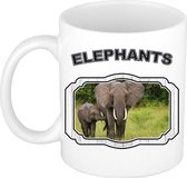 Dieren olifant met kalf beker - elephants/ olifanten mok wit 300 ml