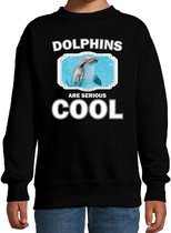 Dieren dolfijnen sweater zwart kinderen - dolphins are serious cool trui jongens/ meisjes - cadeau dolfijn/ dolfijnen liefhebber 7-8 jaar (122/128)