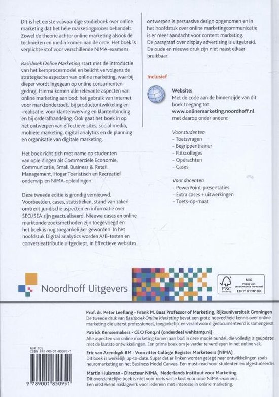 Achterkant van het boek 'Basisboek Online Marketing' met informatie over de inhoud, auteurs en website.