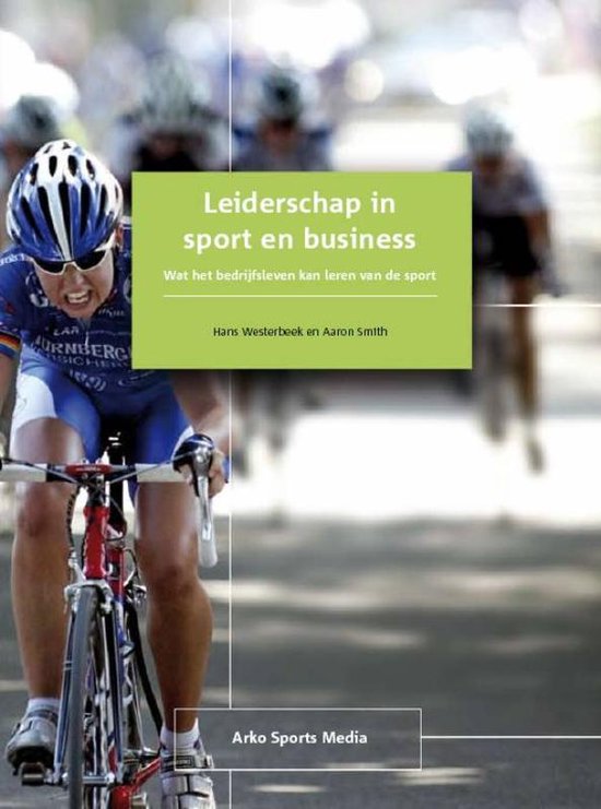 Boekomslag met fietser in actie. Titel: Leiderschap in sport en business.