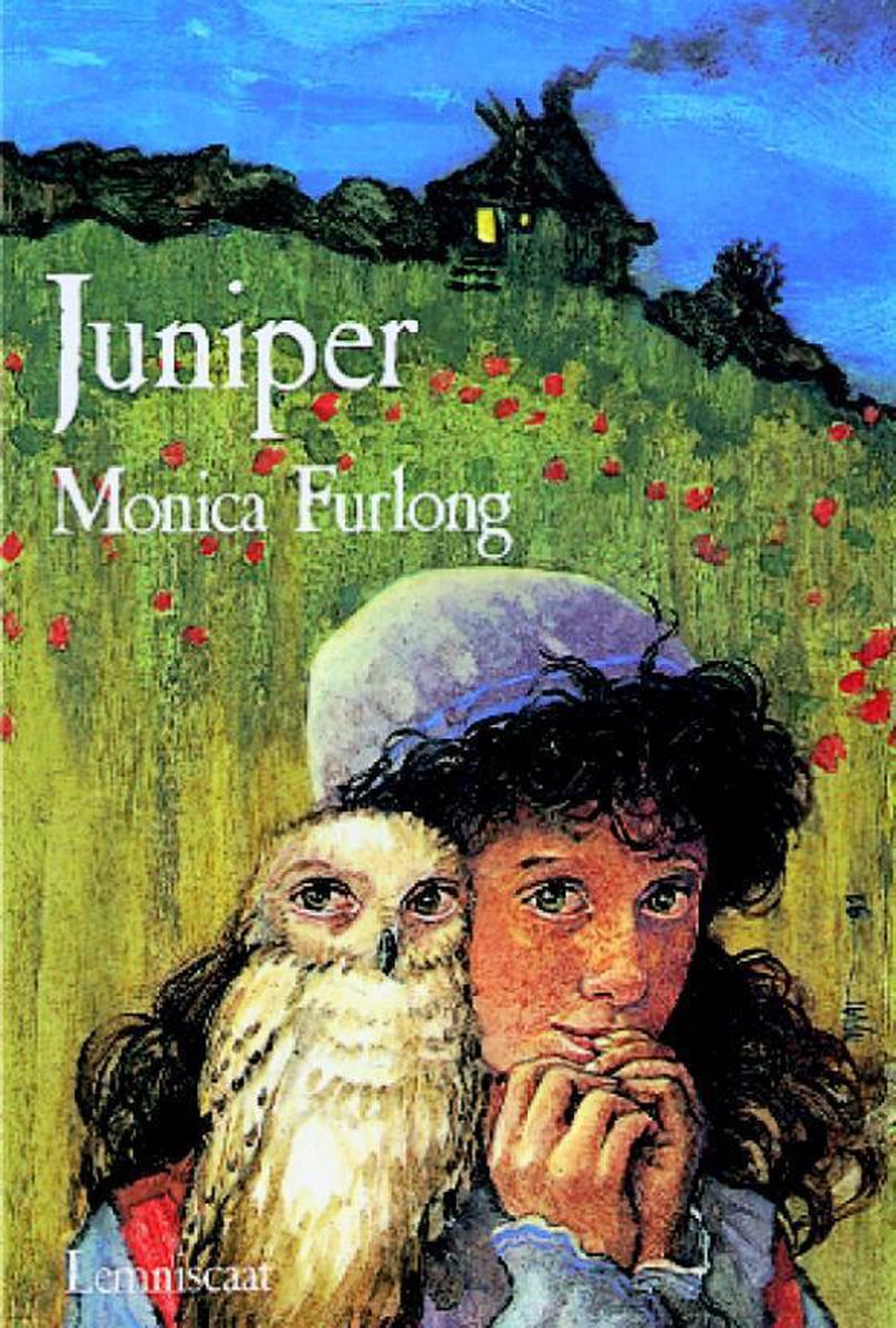 Boekomslag 'Juniper' van Monica Furlong. Meisje met uil op weide met klaprozen en huisje op heuvel.