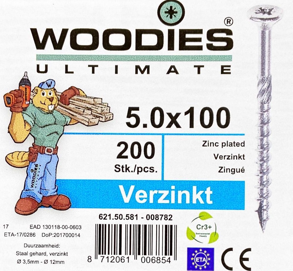 Woodies schroeven 5.0x100 verzinkt PZD 2 deeldraad 200 stuks