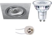 LED Spot Set - Pragmi Borny Pro - GU10 Fitting - Inbouw Vierkant - Mat Zilver - Kantelbaar - 92mm - Philips - CorePro 830 36D - 3.5W - Warm Wit 3000K