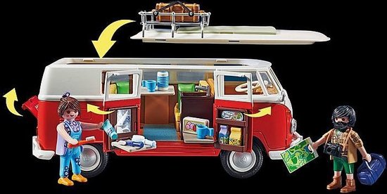 PLAYMOBIL camperbus, rood en wit, met open deuren, figuren en accessoires, met afneembaar dak.
