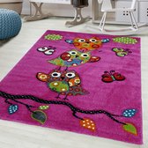 Kinderkamer Vloerkleed - Flycarpets - Kids Uil en Vlinders Paars - 80x150 cm