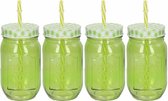 4x Groene drinkbekers/drinkglazen Mason Jar 450 ml/8 x 14 cm with straw - Cocktailglazen - Vintage bruiloft glazen - Drinkpotjes
