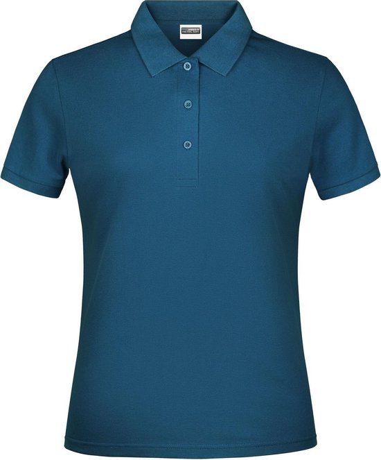 Polo bleu marine pour femme, manches courtes, fermeture à boutons.