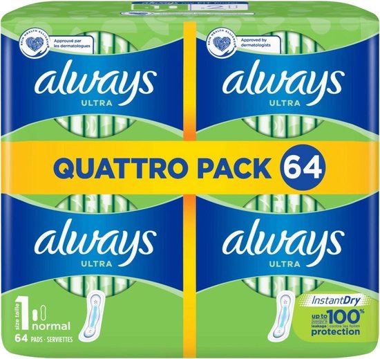 Always Ultra Quattro Pack 64 stuks, maat 1, normal, InstantDry, tot 100% bescherming.