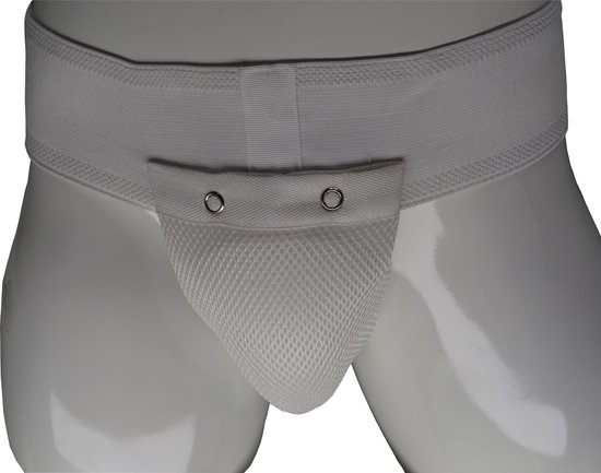 Witte mesh kruisbeschermer met drukknoopsluiting en elastische band.