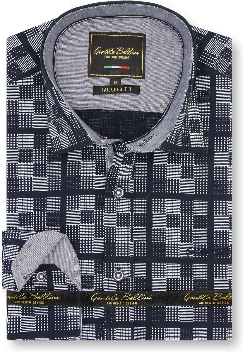 Heren Overhemd - Slim Fit - Chess Board - Blauw - Maat XXL