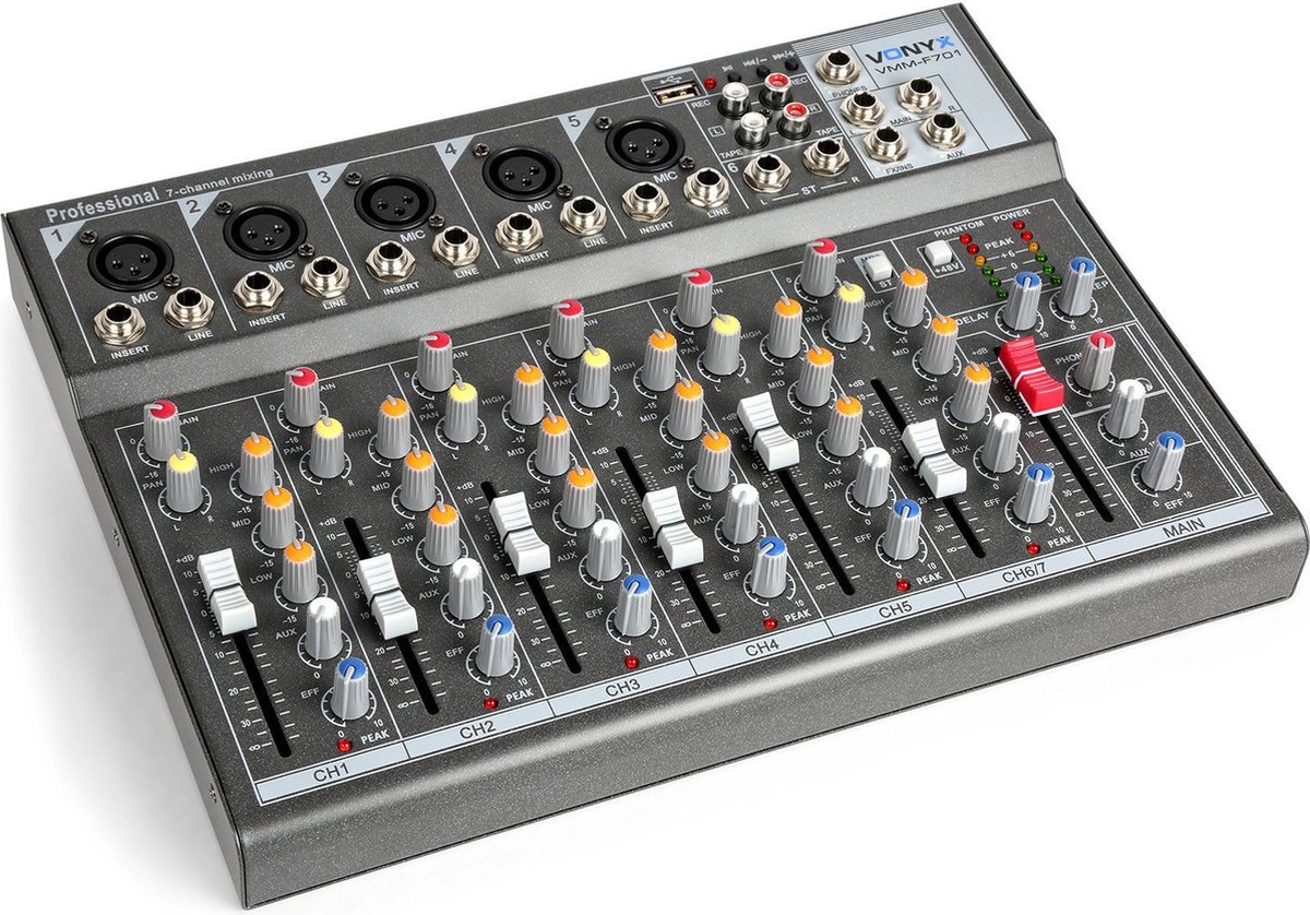 Mengpaneel - Vonyx VMM-F701 - Professionele 7-kanaals mixer met o.a. mp3 speler, echo en delay effecten - Vonyx