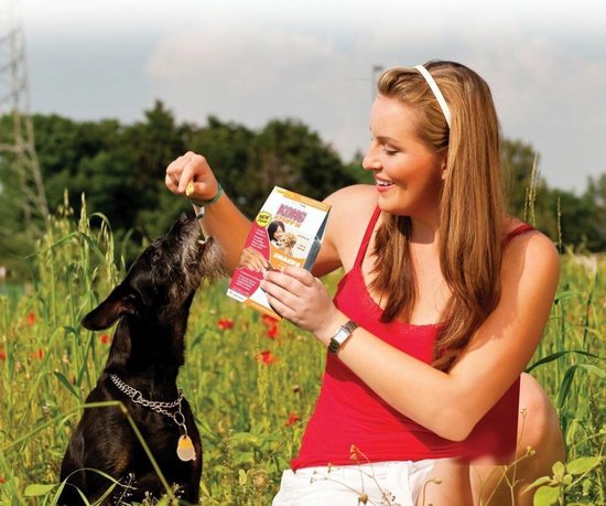 Vrouw in rood shirt geeft hondje een Kong Snack in een veld met bloemen.