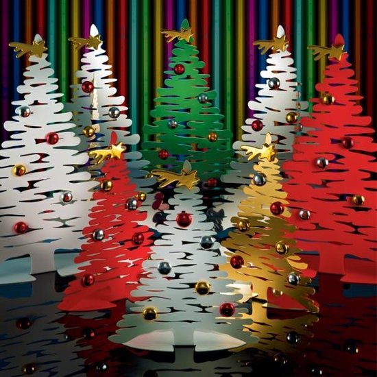 Groupe de six sapins de Noël en métal rouges, blancs, verts et dorés, chacun avec une étoile dorée et des boules.