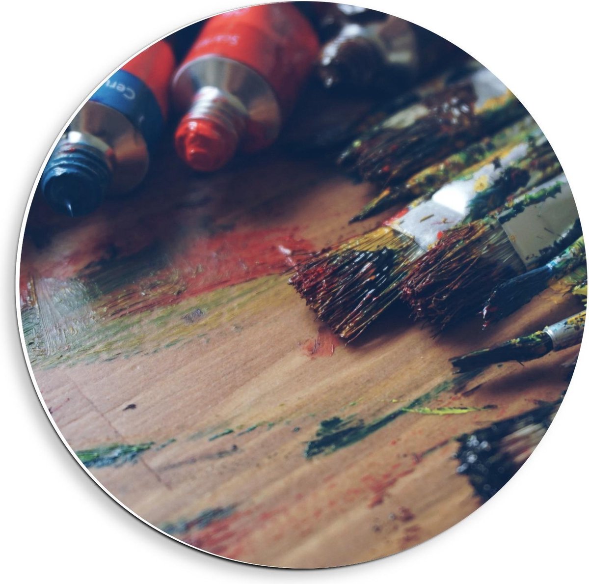 KuijsFotoprint - Schilderij - Verf Materialen Vieze Tafel - Blauw, Geel En Rood - 40 X 40 Cm
