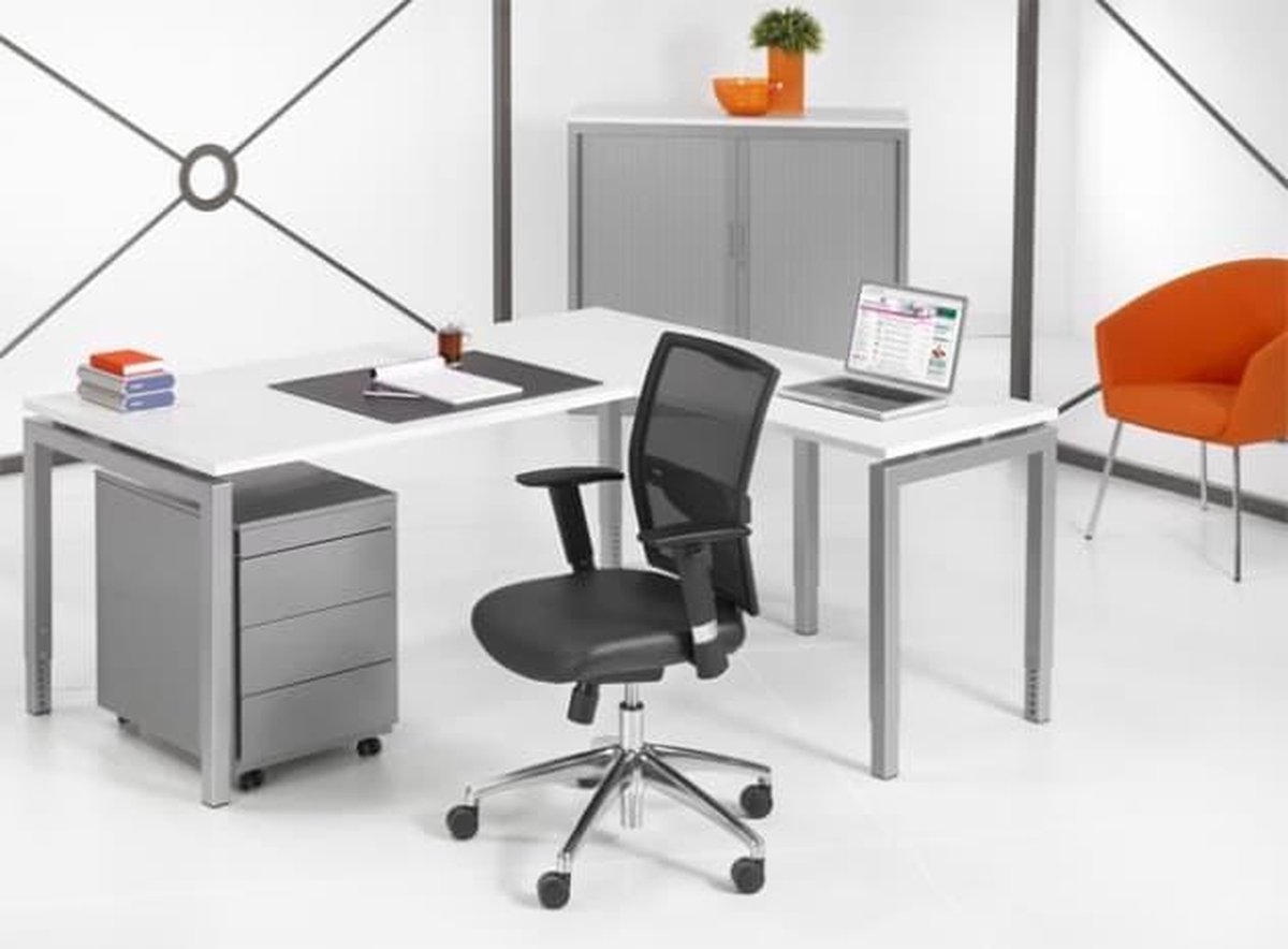 ABC Kantoormeubelen Hoogte verstelbaar hoekbureau Kubus breed 180CM diep 160CM bladkleur Antraciet eiken framekleur Aluminium (RAL9006) wingzijde Links Aluminium (RAL9006)/Antraciet eiken