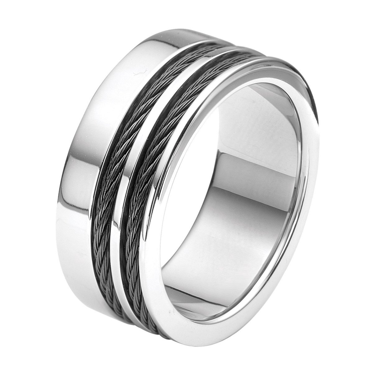 Lucardi Heren Ring met zwarte kabels - Ring - Vaderdag Cadeautje - Staal - Zilverkleurig