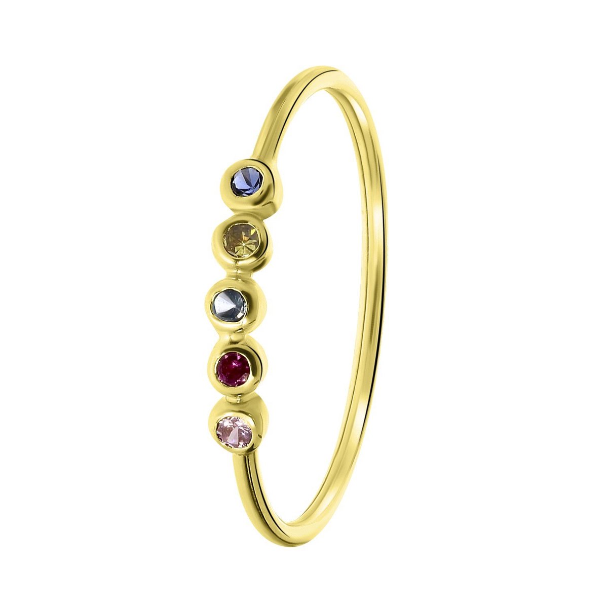 Lucardi Dames Ring 5 multicolor zirkonia's - Ring - Cadeau - Moederdag - 14 Karaat Goud - Geelgoud