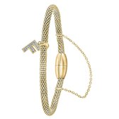 Lucardi Dames Armband mesh goldplated letter F met kristal - Staal - Armband - Cadeau - 19 cm - Goudkleurig