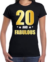 20 and fabulous verjaardag cadeau t-shirt / shirt - zwart - gouden en witte letters - voor dames - 20 jaar verjaardag kado shirt / outfit 2XL