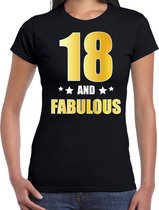 18 and fabulous verjaardag cadeau t-shirt / shirt - zwart - gouden en witte letters - dames - 18 jaar kado shirt / outfit XS