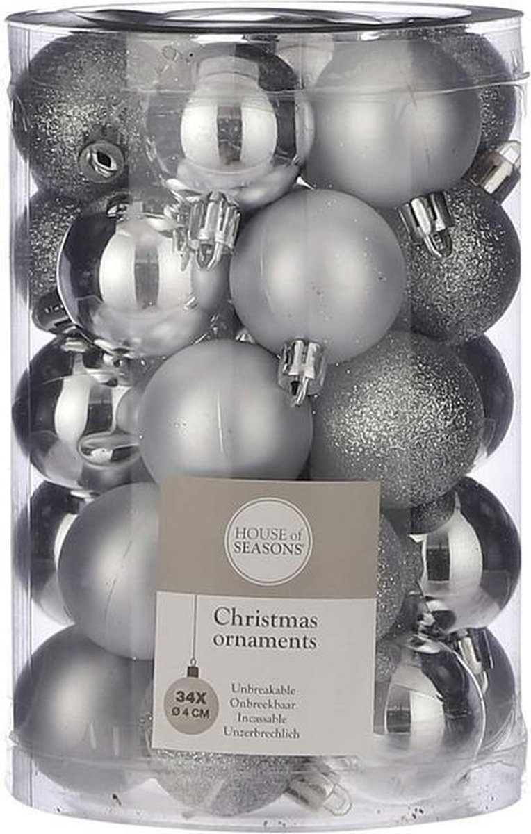 34x Kunststof kerstballen zilver 4 cm Pakket met zilveren