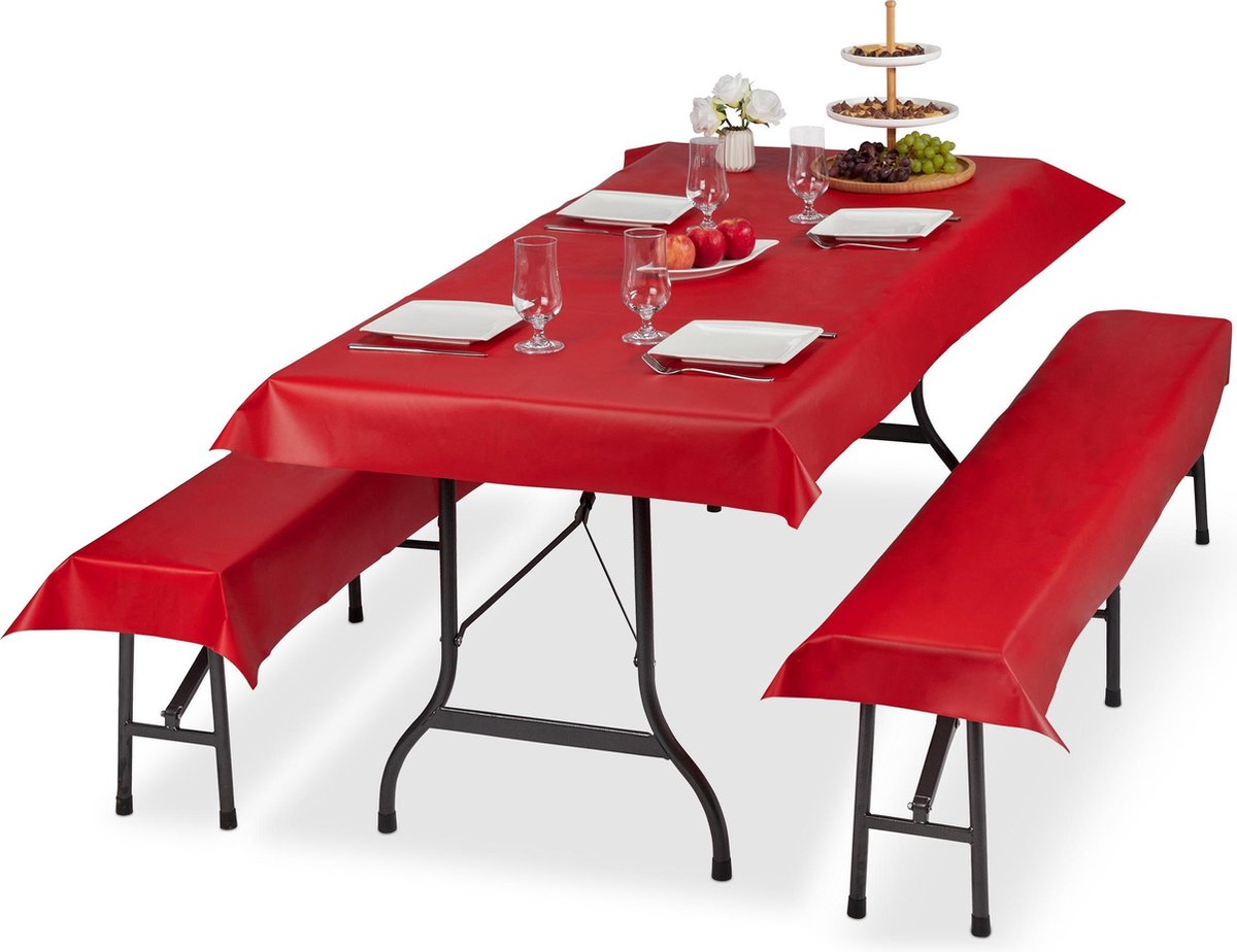 Relaxdays 3 x tafelkleed biertafel en banken - hoezen set biertent - 250 x 100 cm rood