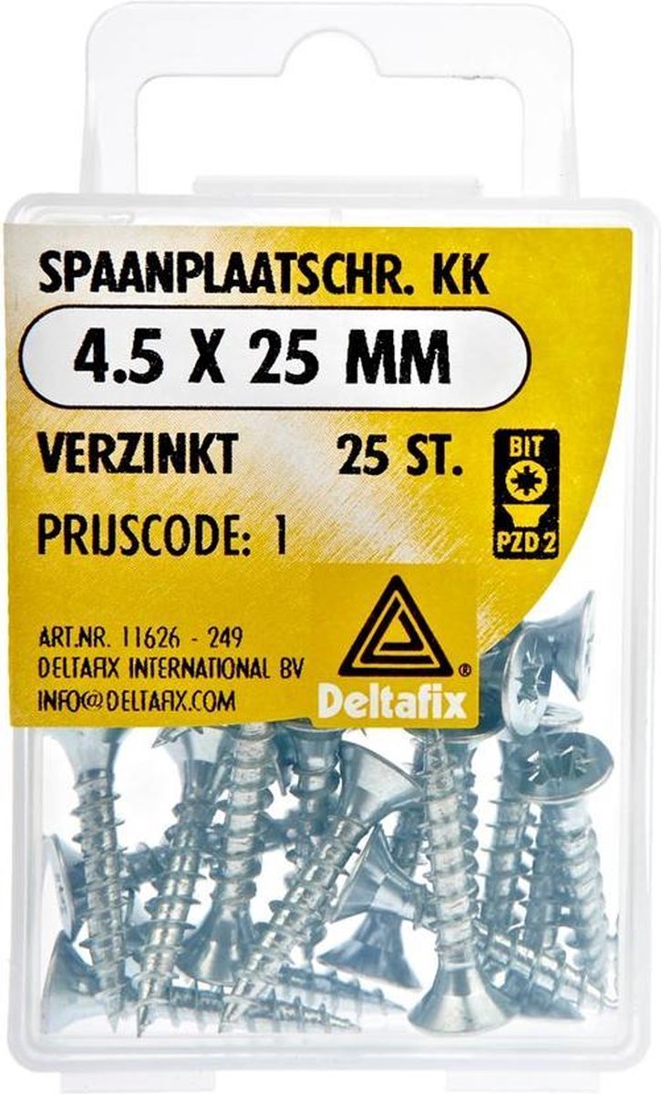Spaanplaatschroeven Platkop. Kruiskop-Pozidrive-2. Verzinkt. 4.5x25mm. lang. 25 stuks Houtschroeven. Deltafix.