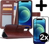 Hoes voor iPhone 12 Hoesje Book Case Met 2x Screenprotector Full Cover 3D Tempered Glass - Hoes voor iPhone 12 Case Hoesje Cover - Hoes voor iPhone 12 Hoes Wallet Case Hoesje - Bru