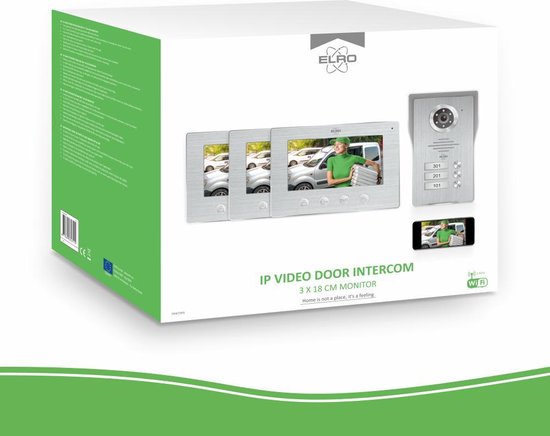 Verpakking van een IP video deurintercom met 3x 7 inch monitor. Beelden van de buitenpost en schermen met een vrouw die dozen draagt. Wifi logo. Tekst: Home is not a place, it's a feeling.