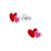 zilveren dubbel hart roze rood kinderoorbellen | hearts oorknopjes Meisje Zilver | Zilverana | Sterling 925 Silver