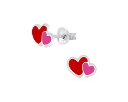 foto van zilveren dubbel hart roze rood kinderoorbellen | hearts oorknopjes Meisje Zilver | Zilverana | Sterling 925 Silver