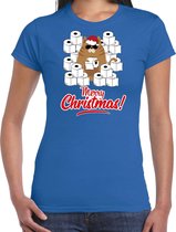 Fout Kerst shirt / Kerst t-shirt met hamsterende kat Merry Christmas blauw voor dames- Kerstkleding / Christmas outfit 2XL