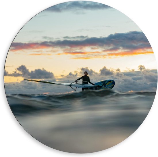 Dibond Wandcirkel - Surfer in de Zee - 80x80cm Foto op Aluminium Wandcirkel (met ophangsysteem)