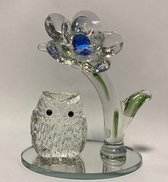 Kristal glas uil met bloem op ovale spiegel handgemaakt Echt ambacht.9.5x11x6.5cm Prachtig kristallen uil
