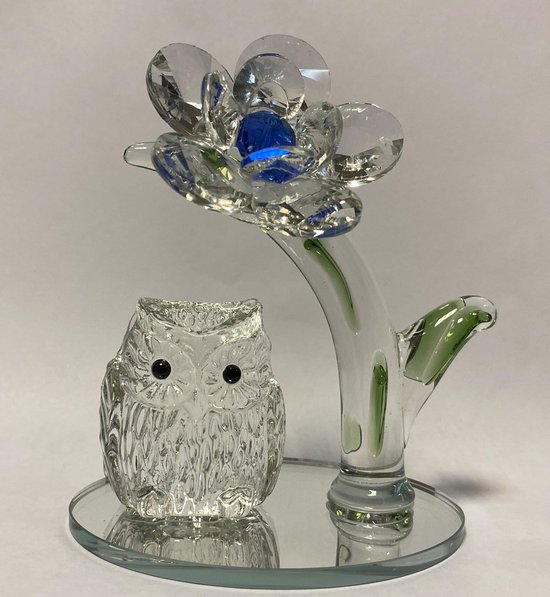 Chouette en verre cristal avec fleur sur miroir ovale fait à la main  Véritable... | bol.com