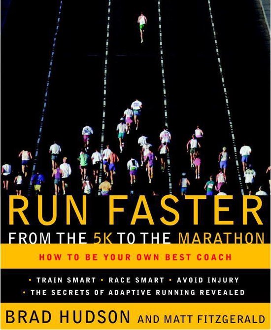 Boek "Run Faster from the 5K to the Marathon" met lopers op een baan, met de tekst "Run Faster" prominent.