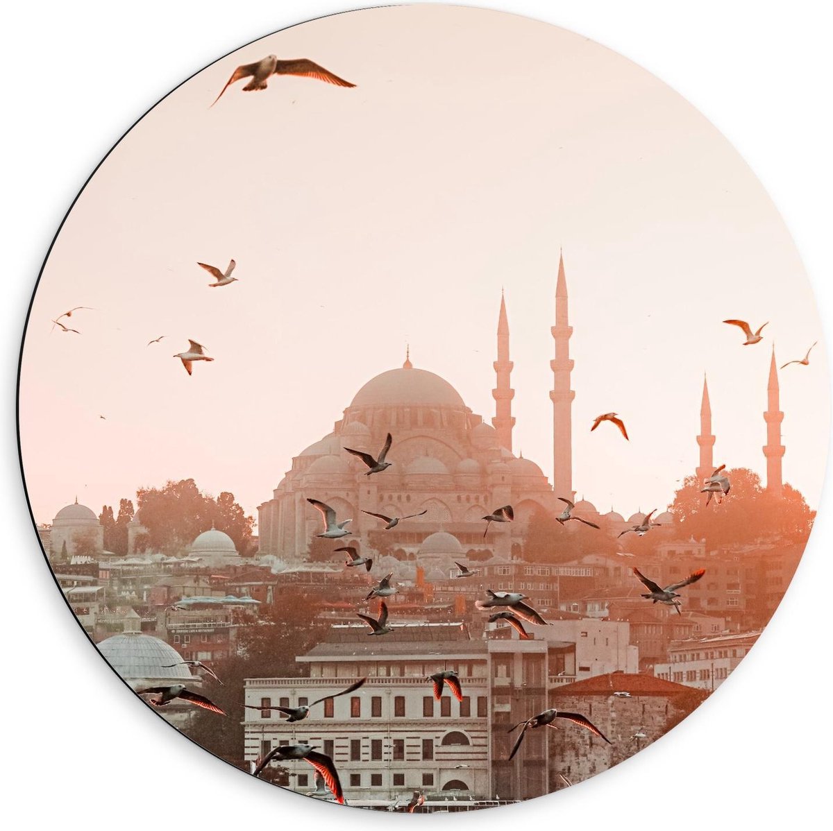 Dibond Wandcirkel - Boot aan het Water bij Moskee in Turkije - 60x60cm Foto op Aluminium Wandcirkel (met ophangsysteem)