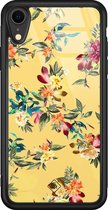 iPhone XR hoesje glass - Bloemen geel flowers | Apple iPhone XR  case | Hardcase backcover zwart