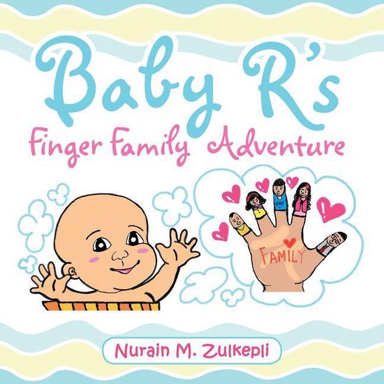 Livre 'Baby R's Finger Family Adventure' avec un bébé et une main avec des marionnettes à doigts, des cœurs et le texte 'FAMILY'.
