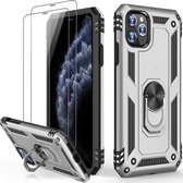 iPhone 12 Pro Max hoesje Schokbestendige ring armor met 2X Glas Screenprotector zilver