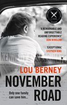 Boekomslag met op de achtergrond een close-up van een kind dat wegkijkt, met de titel 'NOVEMBER ROAD' en auteur LOU BERNEY in grote letters.